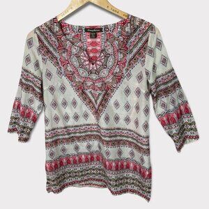 Tommy Bahama Silk Blend Bohemian Hippie Peasant Blouse Size XS Pink Print‎ Boho